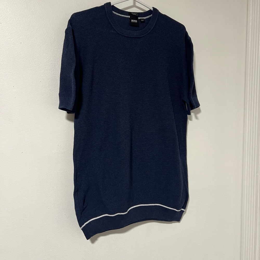 Boss Navy Blue Short Sleeve Knit Casual Cotton Tee oversize fit.